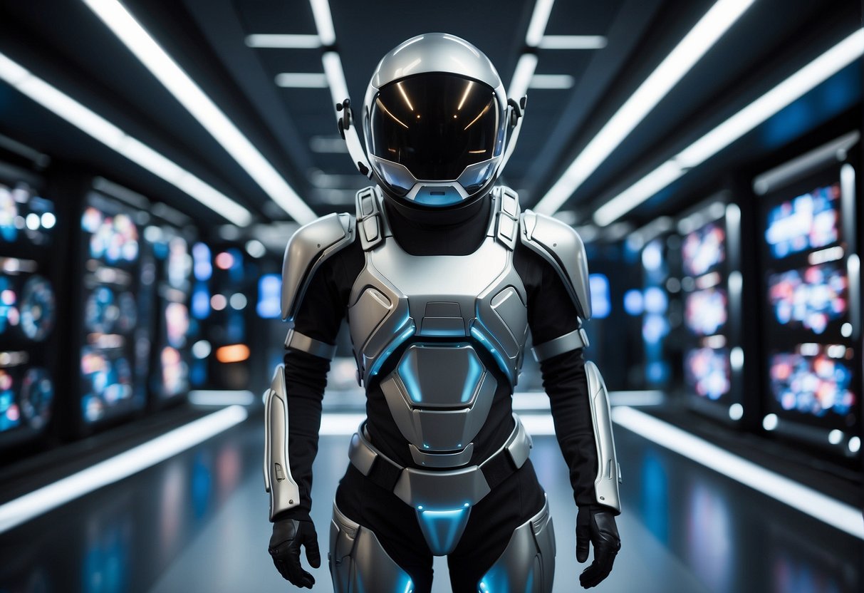 A futuristic space suit hangs on a sleek metal rack, surrounded by glowing screens and high-tech equipment. The suit is adorned with intricate details and sleek, streamlined design
