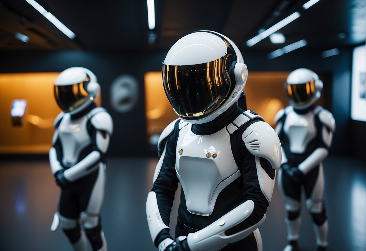 In a futuristic setting, sleek space suits hang on display in a high-tech showroom, blending fashion and functionality for life beyond Earth