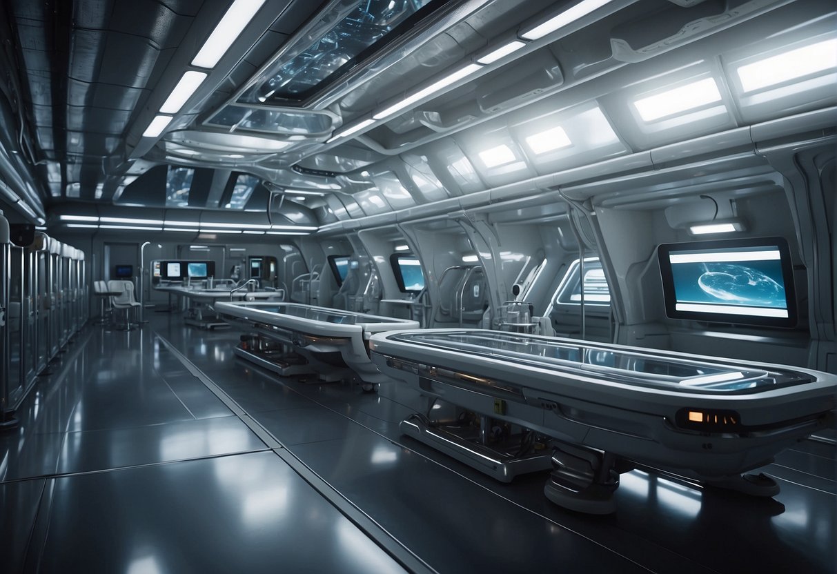 A futuristic clothing production facility on a space station, with sleek machinery and advanced technology creating space wear for extraterrestrial exploration