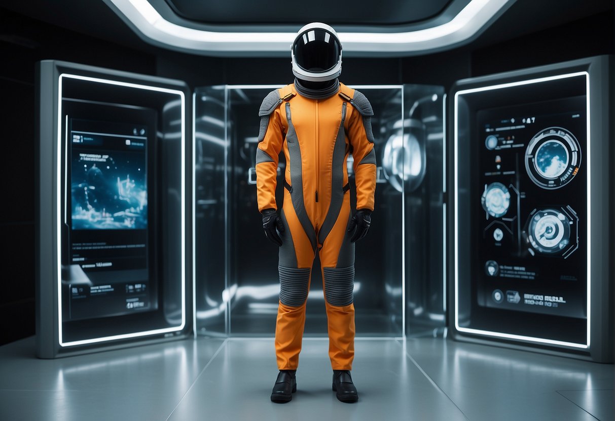A sleek space suit hangs on a minimalist display, surrounded by futuristic technology and sleek design elements. The suit exudes both fashion and functionality, showcasing the cutting-edge advancements in space wear