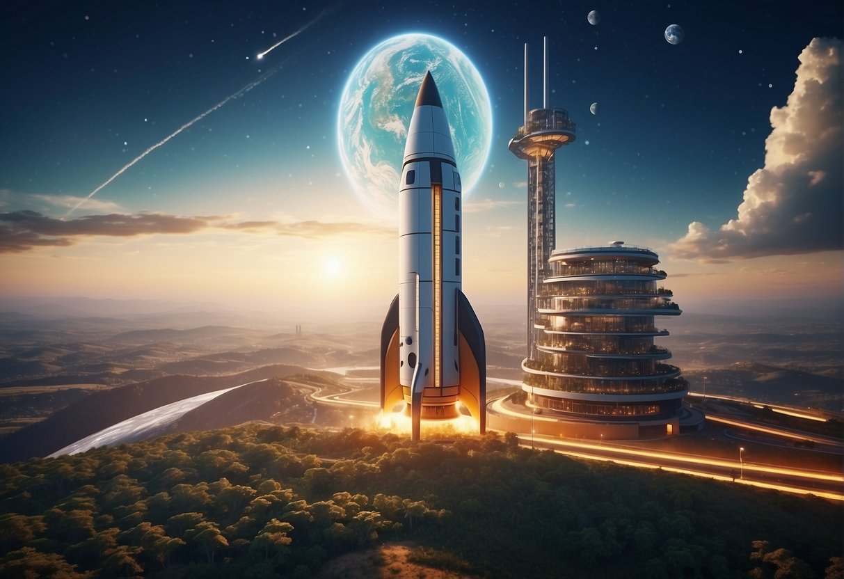 A rocket launches from Earth to a futuristic space hotel, with a digital currency symbol and blockchain technology visible in the background