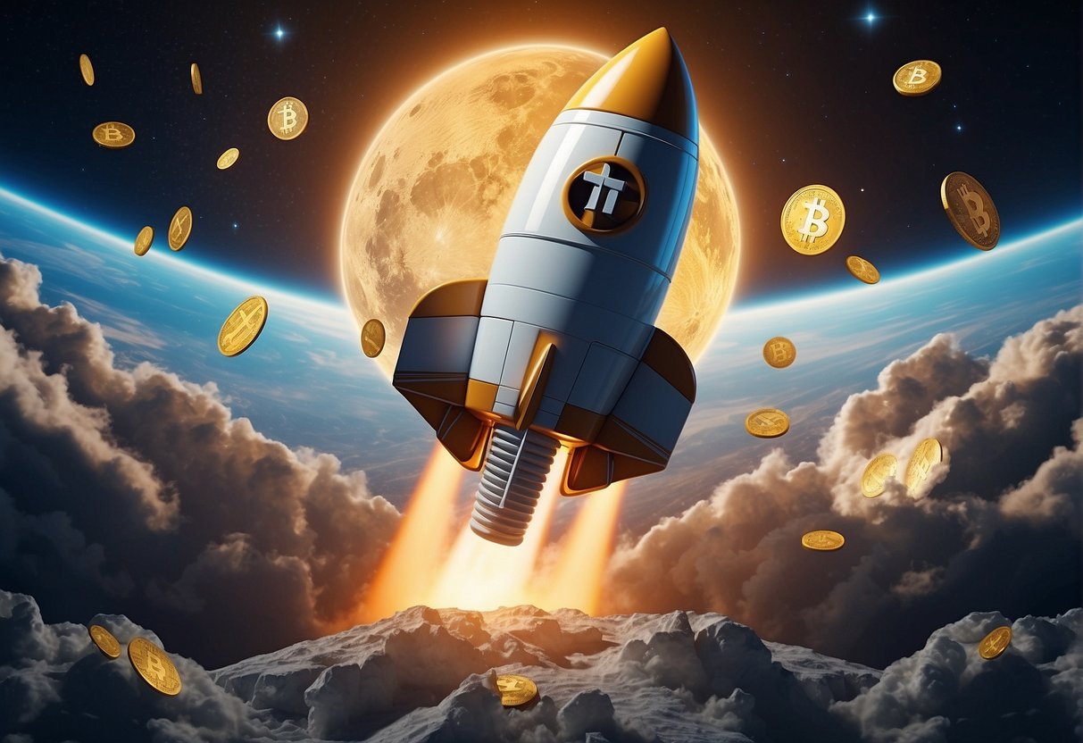 A rocket launching into space with a blockchain symbol on its side, surrounded by digital currency symbols floating in the cosmos