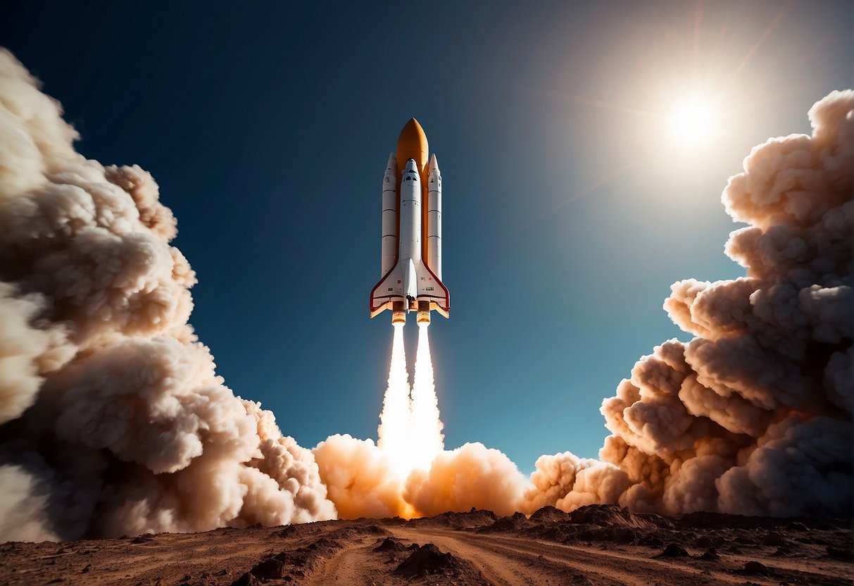 A rocket launches from Earth, carrying tourists to space. Cryptocurrency and blockchain technology regulate transactions and security onboard