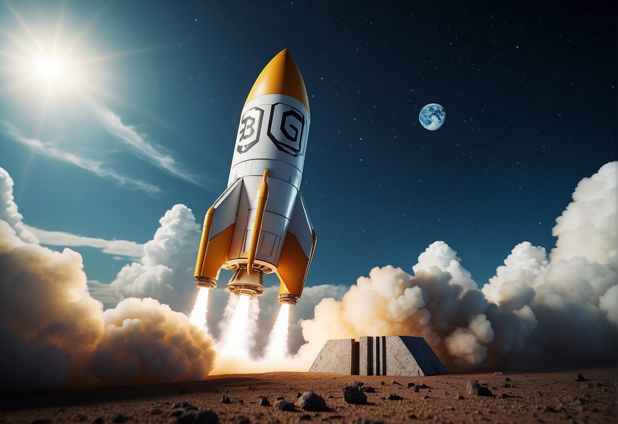 A rocket launching into space, with a digital currency symbol and blockchain technology integrated into its design, symbolizing the future of space tourism