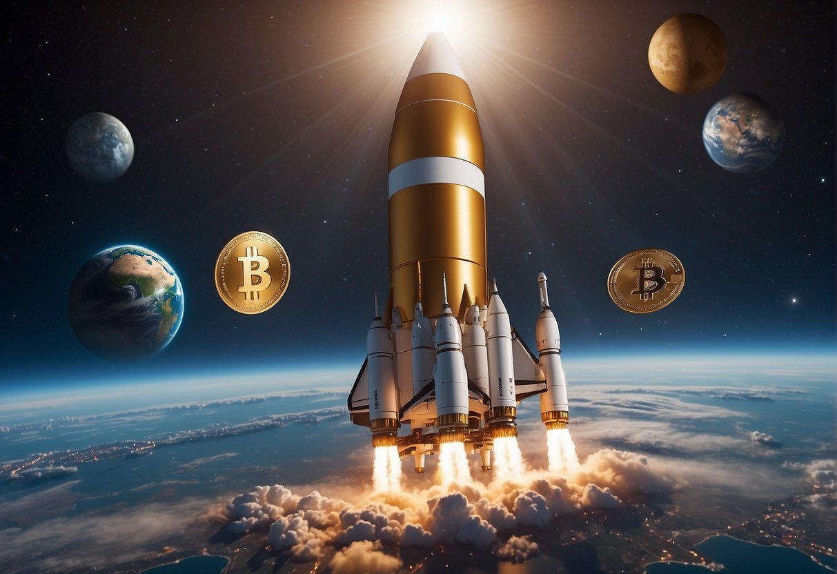 A rocket launches from Earth with a cryptocurrency logo on its side, while a blockchain network connects space tourism companies and stakeholders
