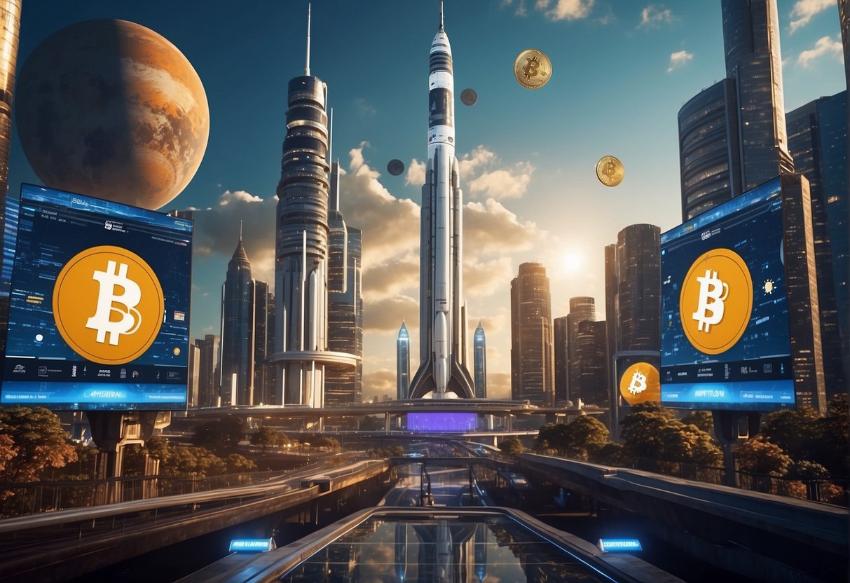 A futuristic cityscape with digital billboards displaying cryptocurrency logos, while a rocket launches into space, symbolizing the role of blockchain and cryptocurrency in space tourism