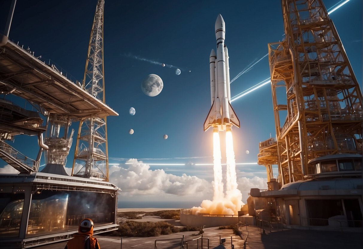 A rocket launches from a spaceport, with a digital currency symbol and blockchain technology visible on its exterior. Satellites orbit above, showcasing the integration of cryptocurrency and blockchain in space tourism