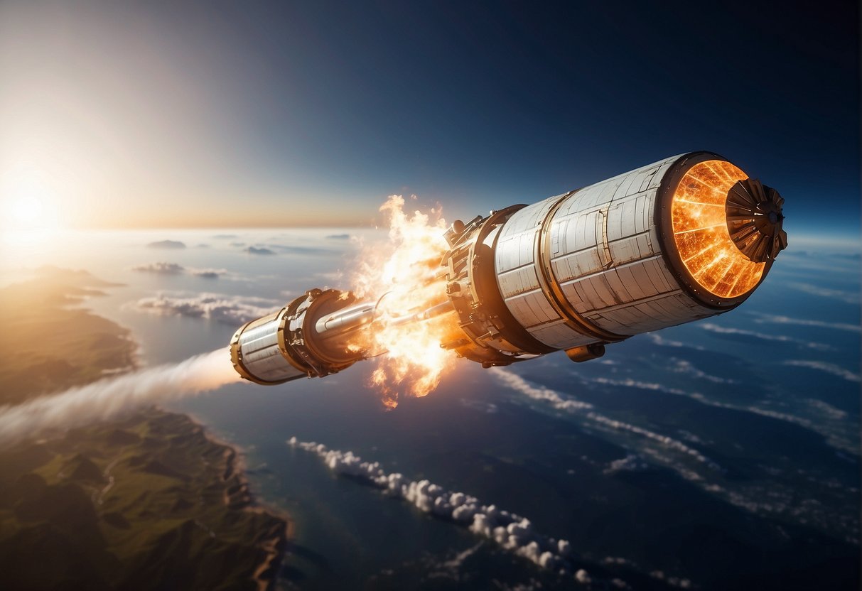 A rocket launches into space with cryptocurrency and blockchain logos visible on its exterior. The Earth is depicted in the background, emphasizing the connection between space tourism and these technologies