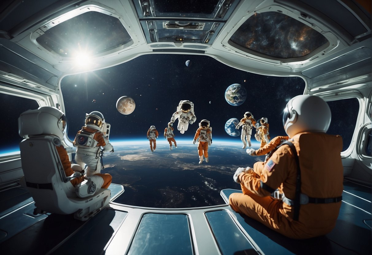 Space tourists float, playing games and exercising in a spacious zero-gravity room with large windows overlooking the Earth