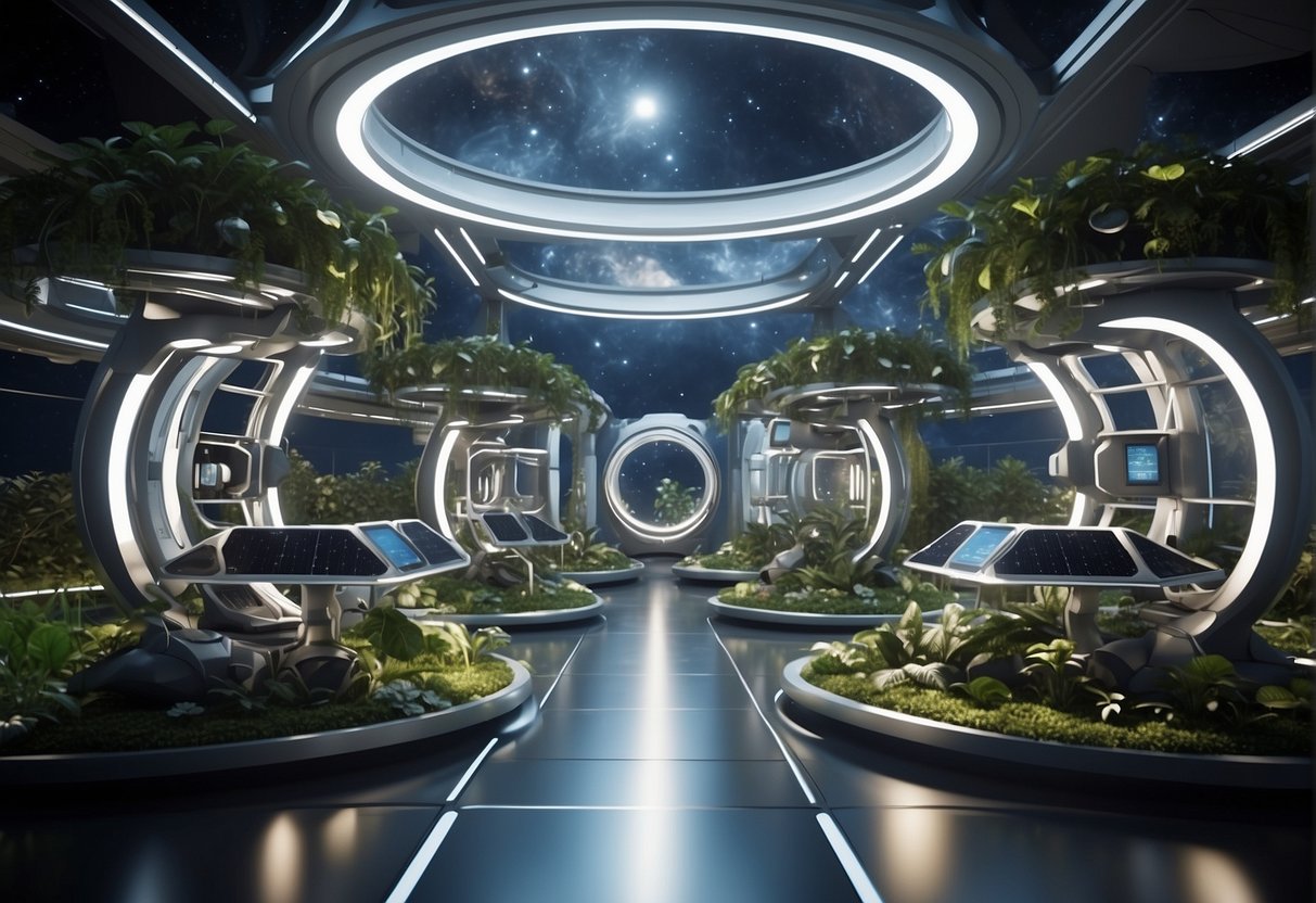 A futuristic space station with floating gardens, virtual reality pods, and solar-powered exercise equipment, surrounded by a backdrop of Earth and stars