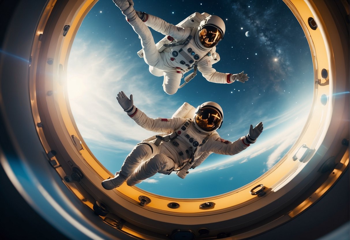 Space tourists floating in a zero-gravity entertainment and recreation area, engaging in various activities
