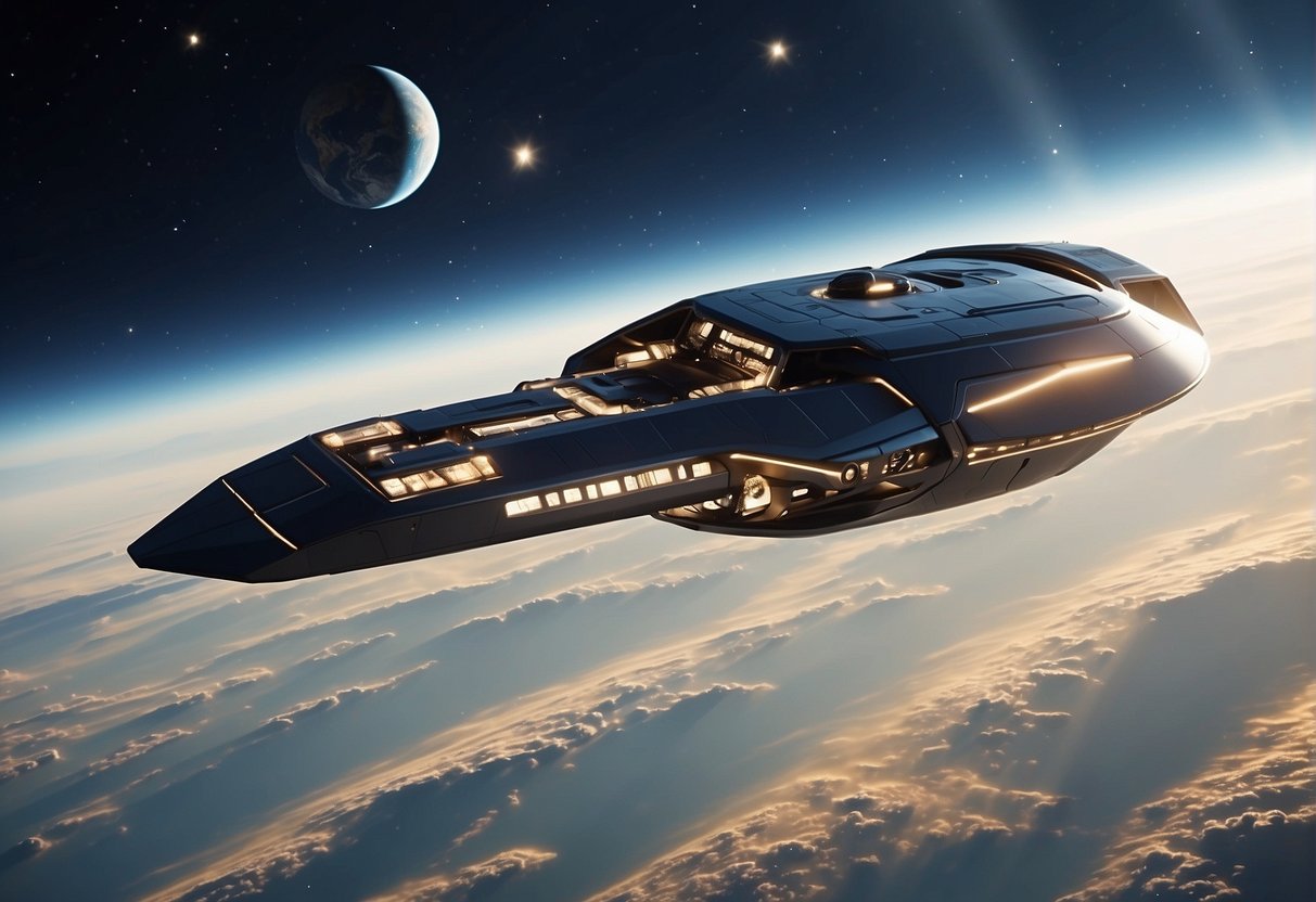 A sleek, futuristic spacecraft hovers above a stunning Earth backdrop, surrounded by twinkling stars and a vast expanse of space. The spacecraft's design exudes innovation and luxury, capturing the essence of space tourism marketing