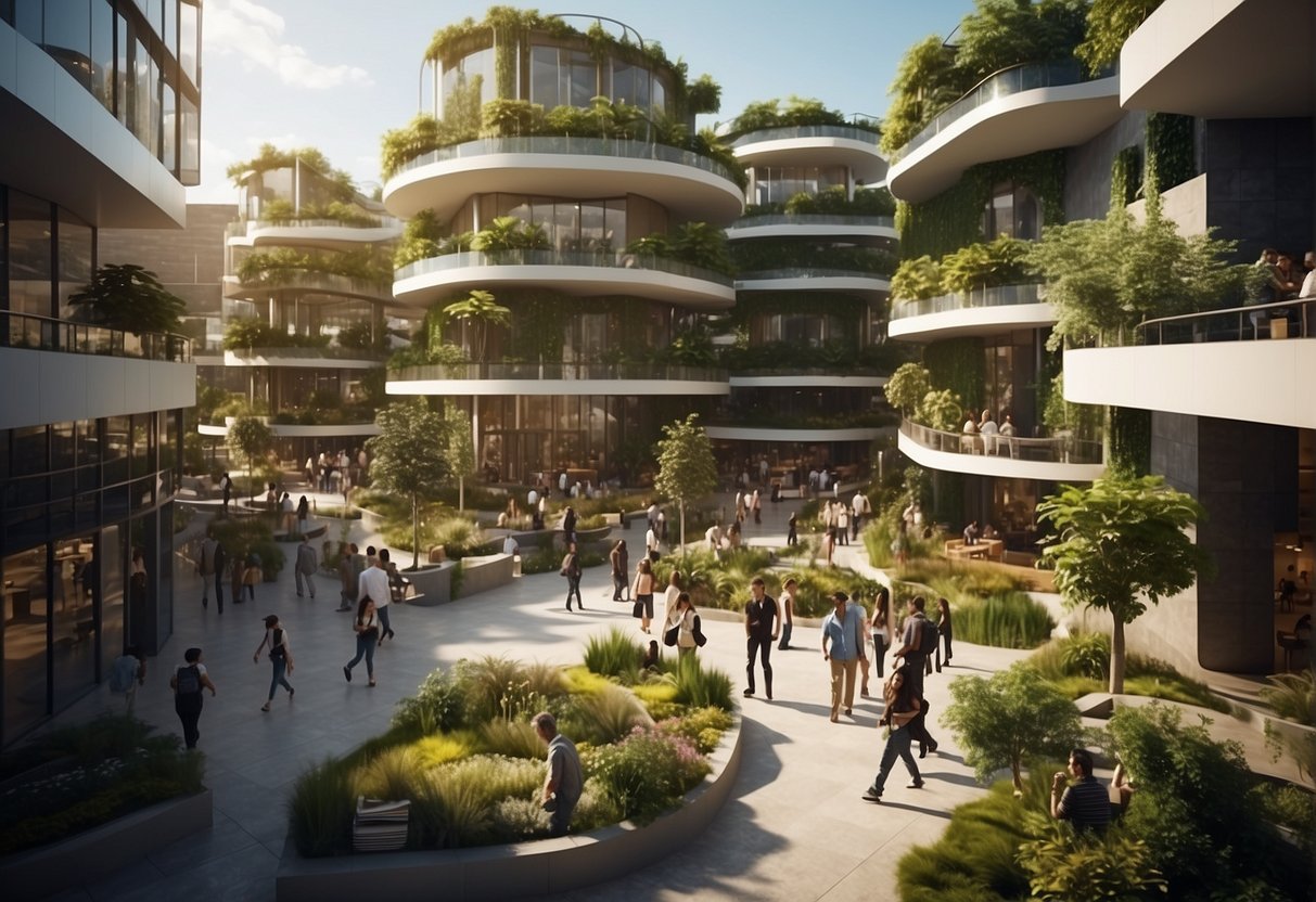 A bustling space habitat with interconnected buildings, green spaces, and communal areas. People gather in the central plaza, engaging in social activities and creating a sense of community