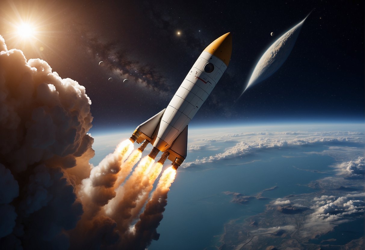 A rocket launches into space, passing through a series of checkpoints and safety measures. Advanced technology enables the journey, marking a new era in space tourism