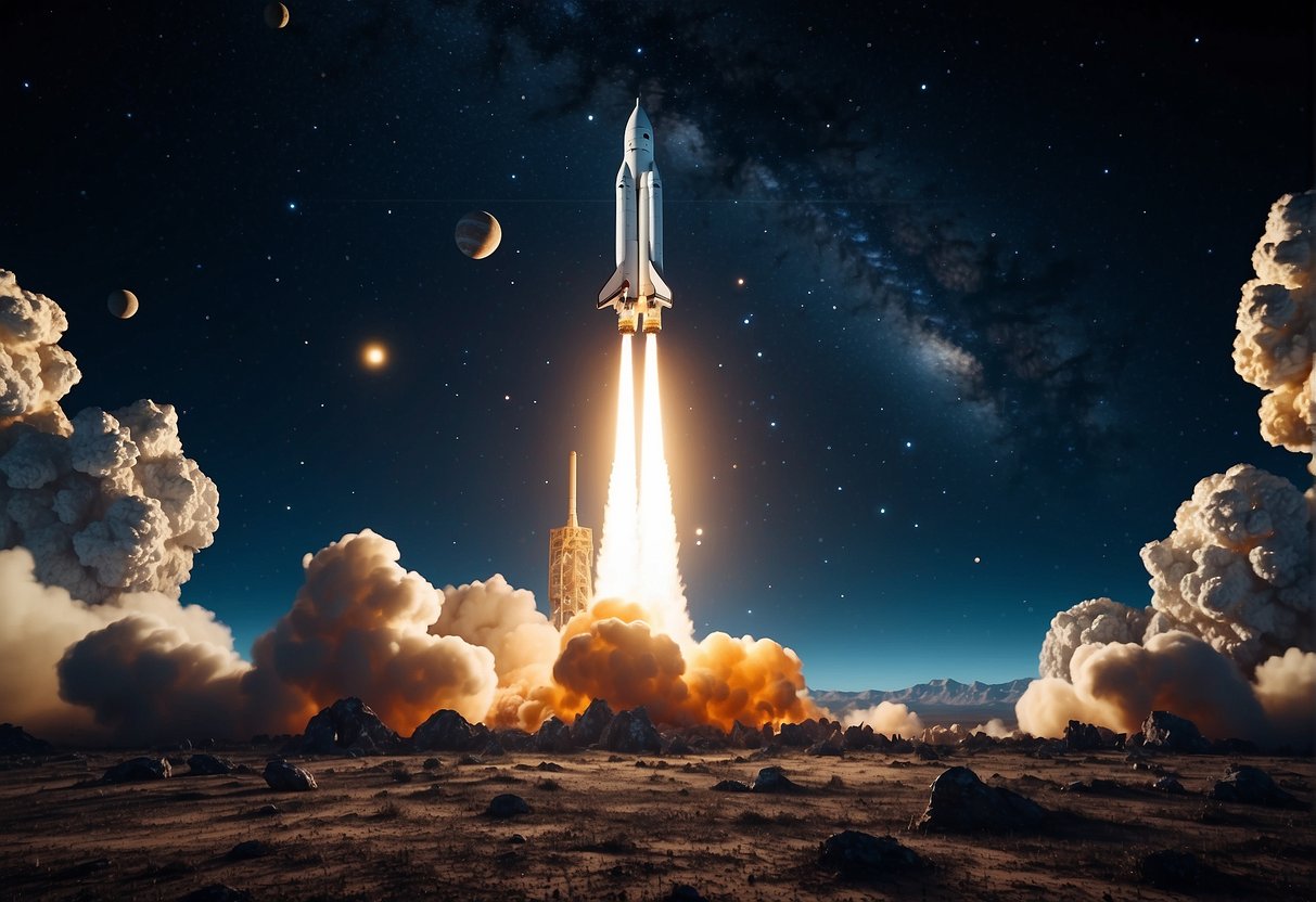 A rocket launches into the starry expanse, leaving Earth behind. Satellites and space debris orbit in the distance, while alien planets and galaxies fill the backdrop