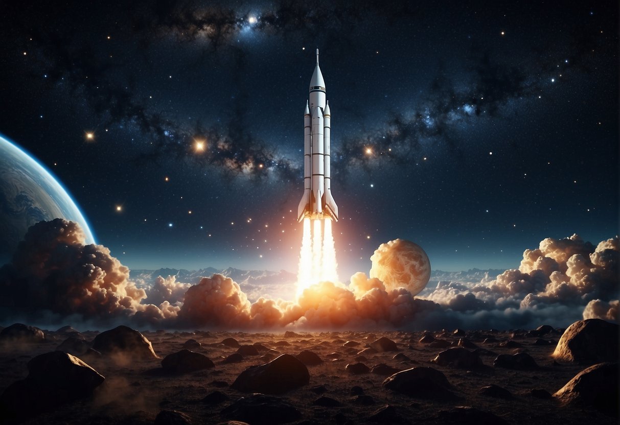 A rocket blasts off into the starry expanse, surrounded by swirling galaxies and pulsing celestial bodies. Music notes float through the cosmic void, blending with the awe-inspiring sights of space exploration