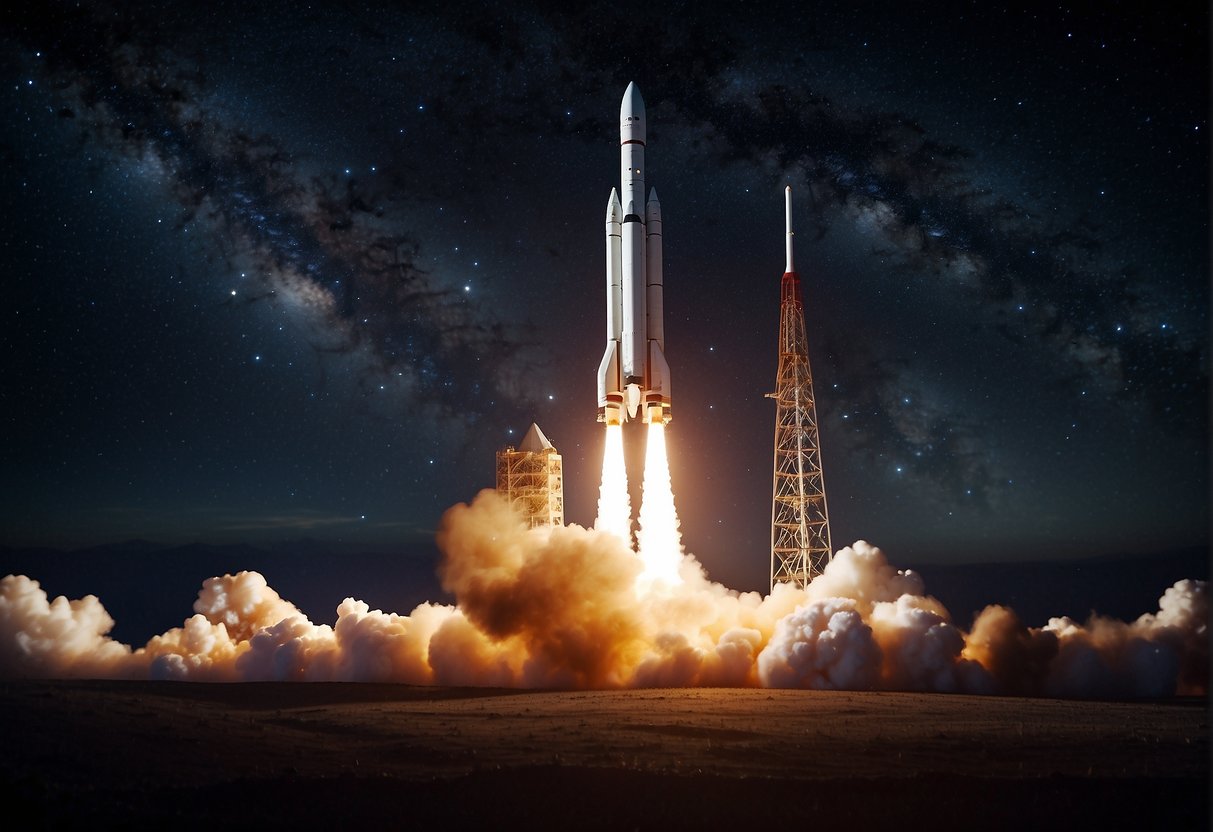 A rocket launches into space, surrounded by stars and planets, with a trail of fire and smoke behind it. The Earth is visible in the background, highlighting the impact of space exploration on popular culture