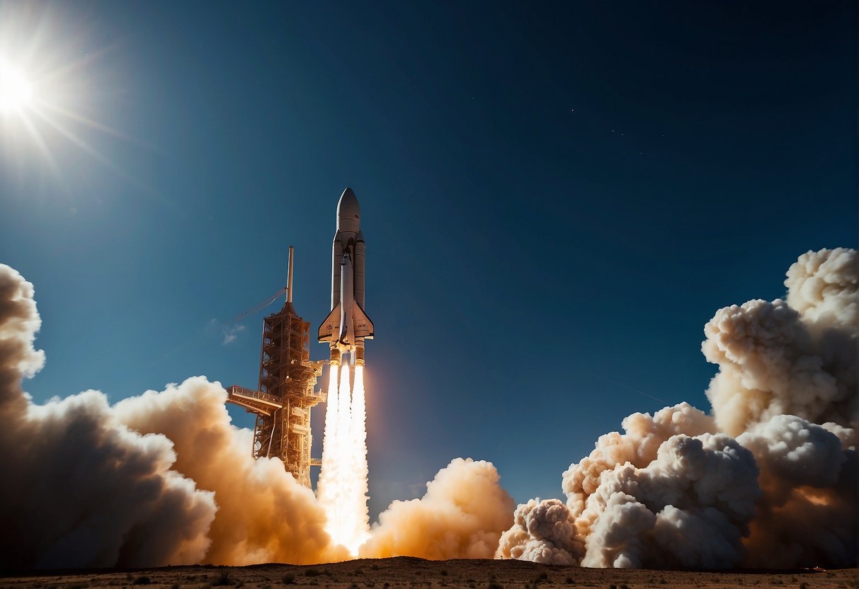 A rocket launches into space, leaving Earth behind. Onlookers gaze in awe as the vessel symbolizes humanity's quest for knowledge and the impact of space exploration on popular culture