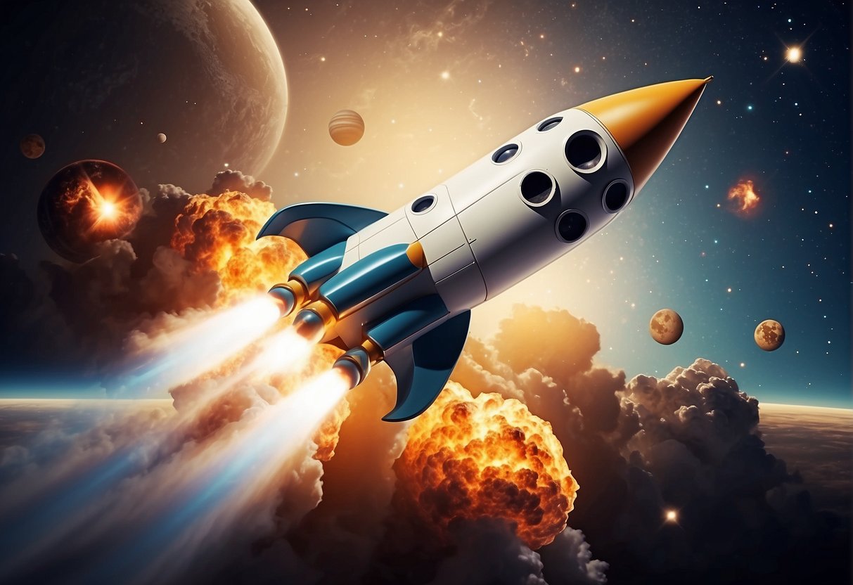 A rocket launches into space, surrounded by stars and planets. Pop culture symbols like sci-fi movies and books float around, influenced by space exploration