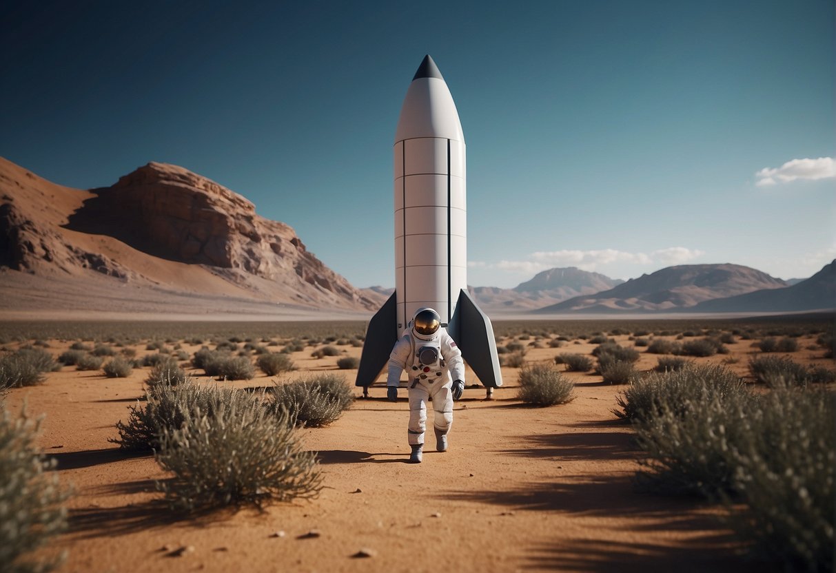 A rocket lands on a pristine alien planet, as a team of scientists in hazmat suits carefully collect samples and analyze the environment for signs of contamination