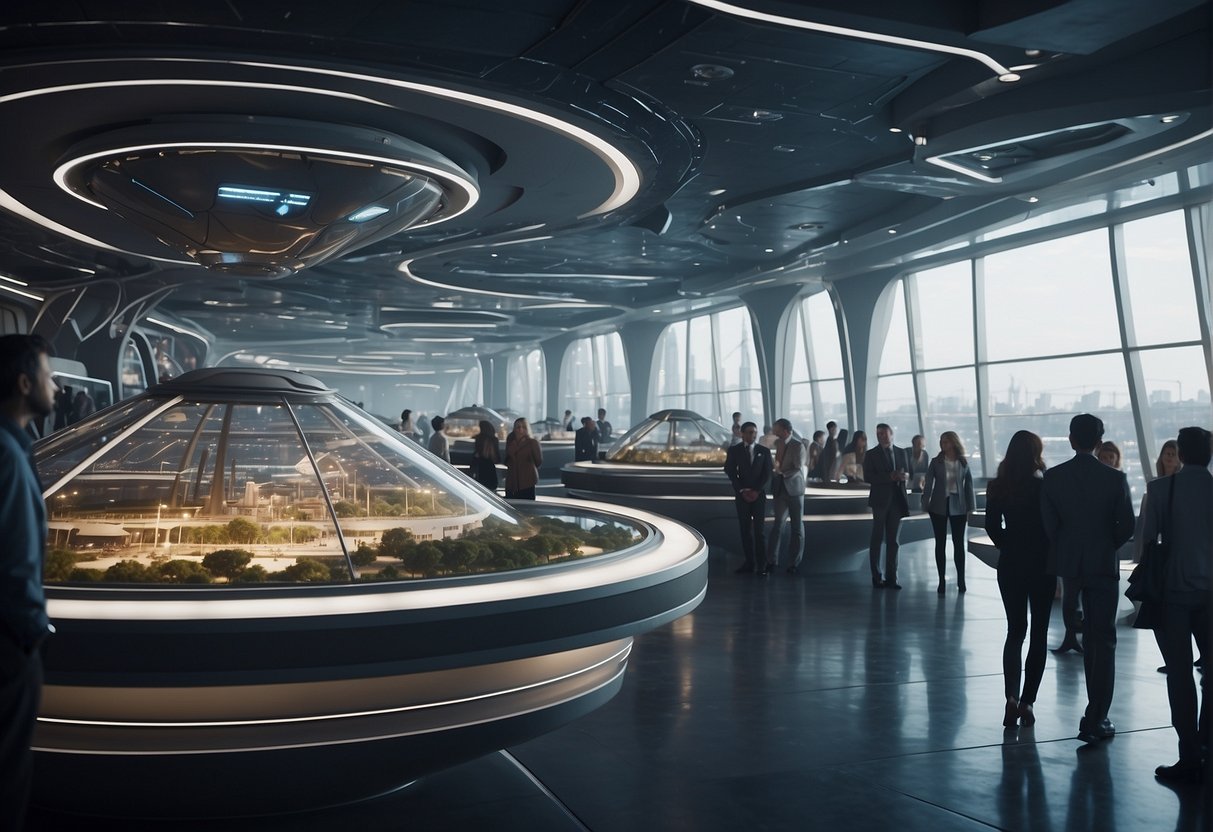 A futuristic spaceport with spacecraft and scientific equipment, surrounded by bustling commercial activity and ethical discussions