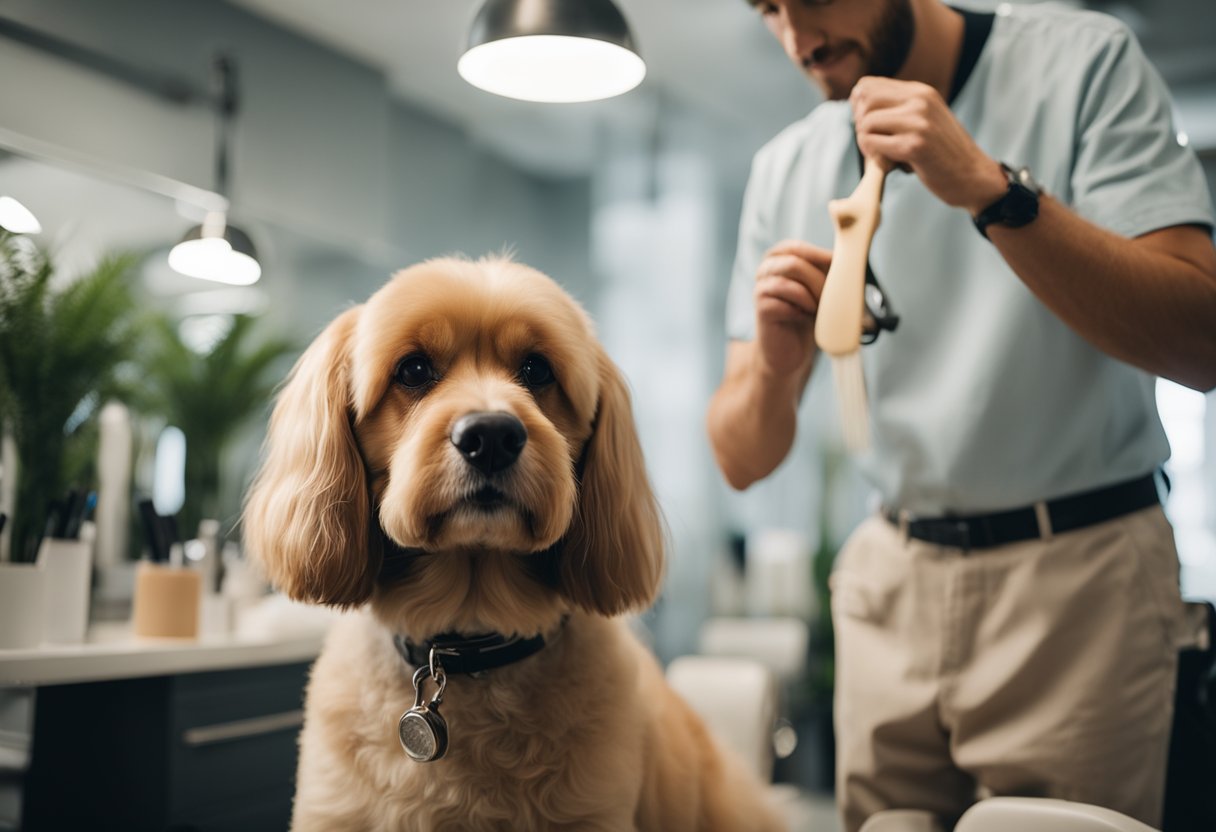 A dog being brushed and trimmed by a groomer in a bright, clean salon