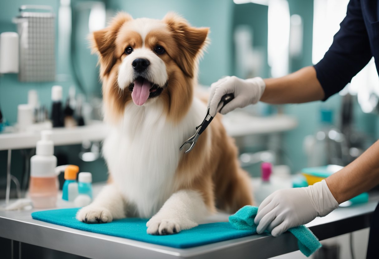 A fluffy dog stands on a grooming table, surrounded by brushes, scissors, and shampoo. A groomer carefully trims its fur, while the dog looks calm and content