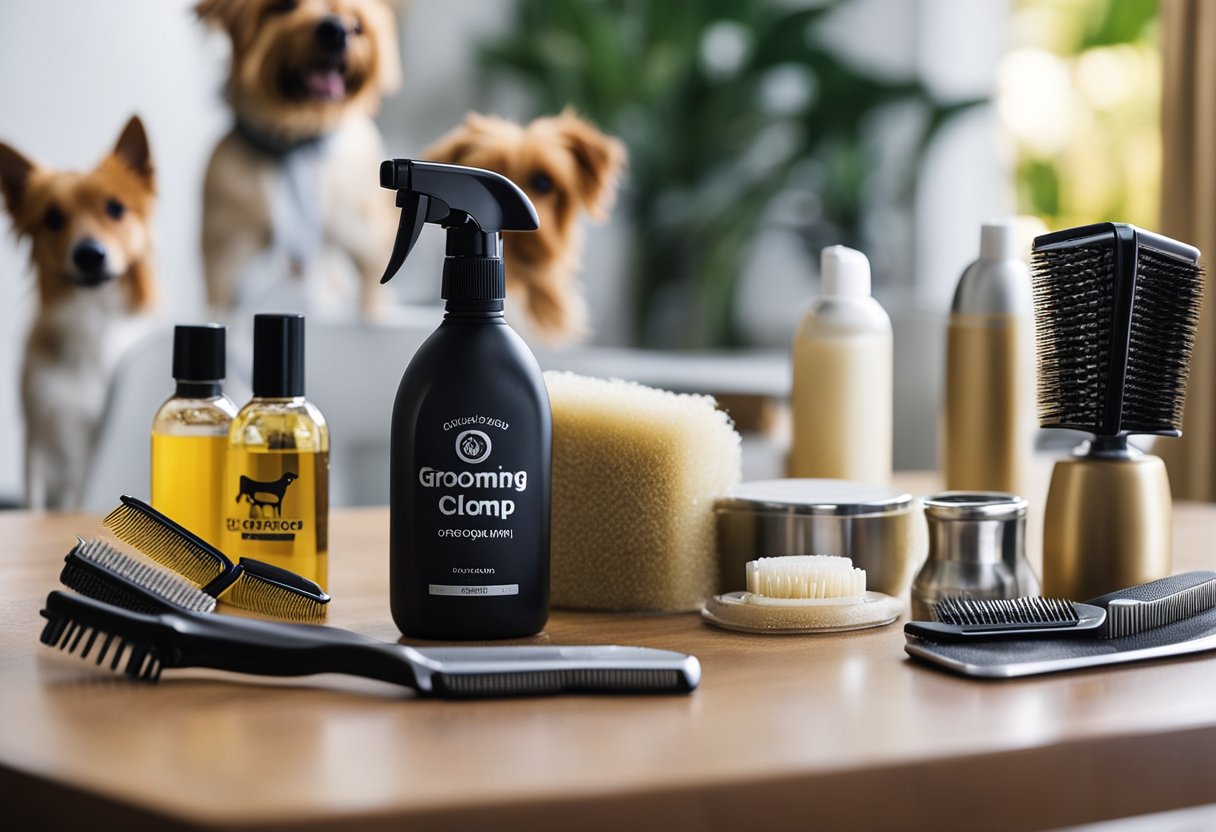 A table with dog grooming tools: brush, comb, clippers, scissors, nail trimmers, and shampoo bottles. A dog standing beside the table, ready for grooming