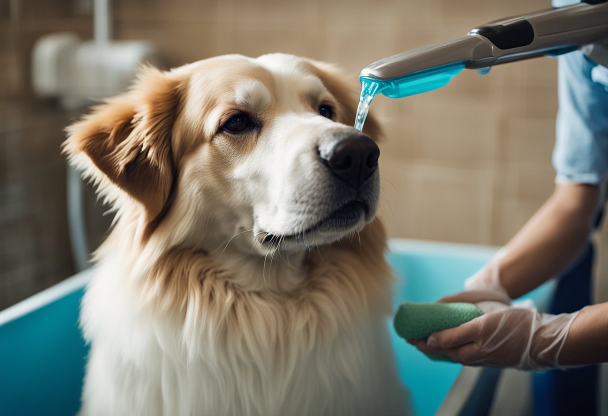 A dog is being bathed with gentle scrubbing and rinsing, using specialized grooming products and a handheld sprayer