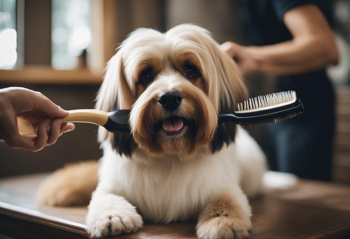 A dog being brushed and combed, with a grooming tool in hand