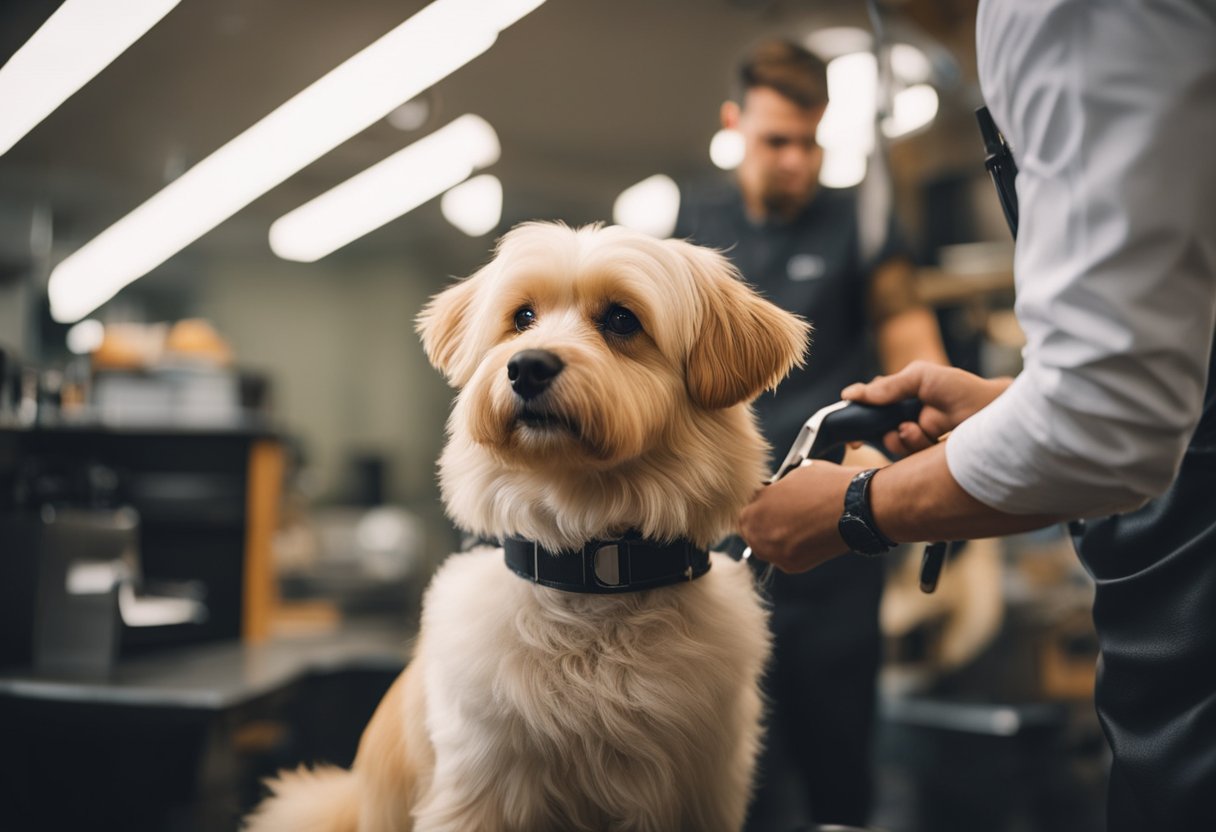 A dog sits calmly as its fur is trimmed and styled by a groomer