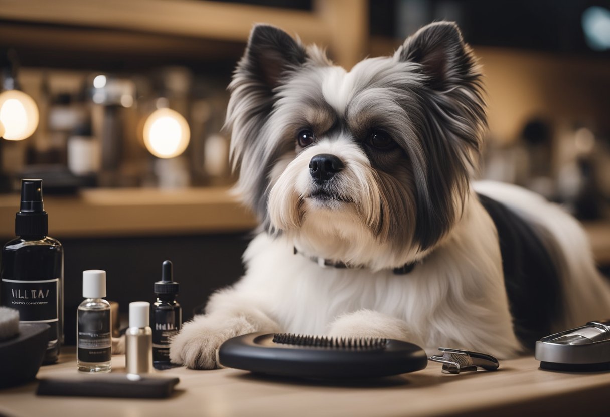 A dog sits calmly on a grooming table, while a groomer carefully trims and files its nails. Various nail care tools and products are neatly arranged on the table