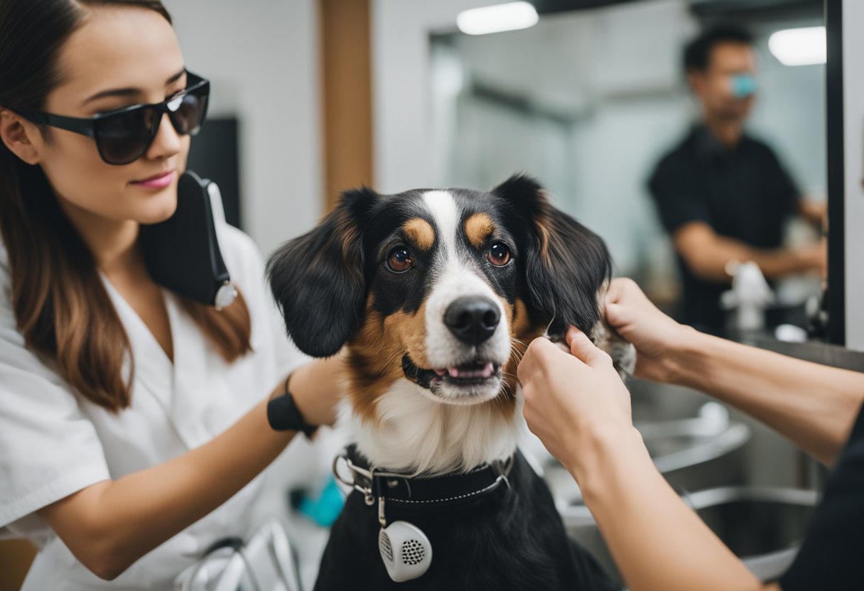 A dog getting its ears and eyes cleaned at a grooming salon