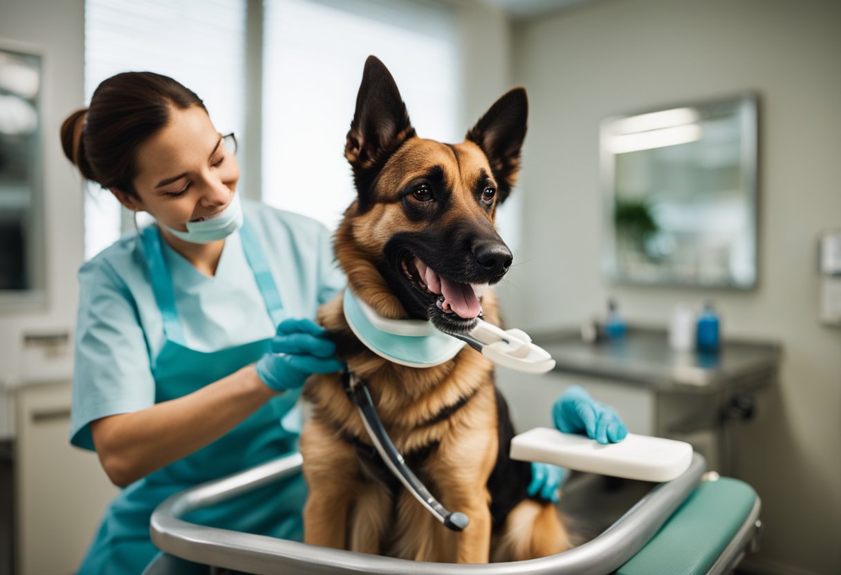 A dog sits on a grooming table, wearing a dental bib. A dental hygienist uses a toothbrush to clean the dog's teeth
