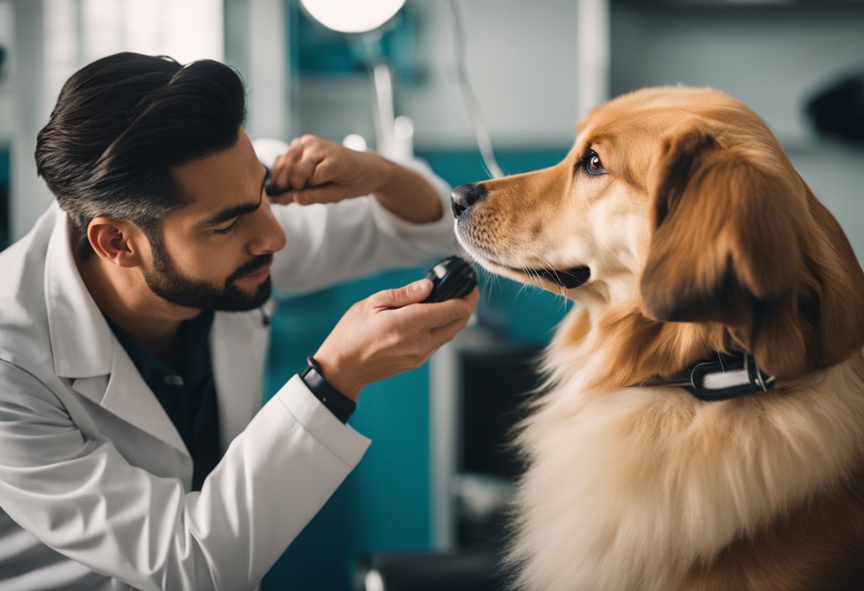 The groomer checks the dog's ears, teeth, and coat for any signs of health issues