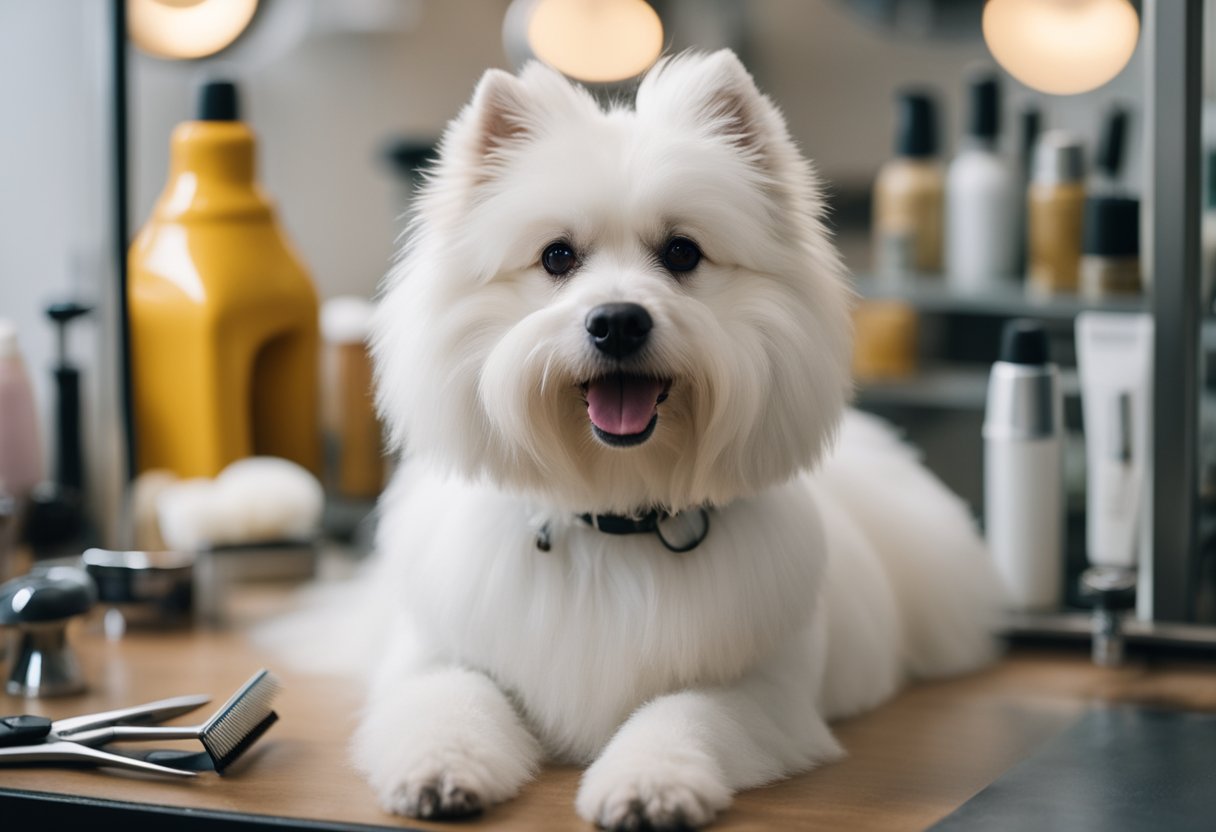 A fluffy white dog stands on a grooming table, surrounded by brushes, scissors, and grooming products. A professional groomer carefully trims and styles the dog's fur