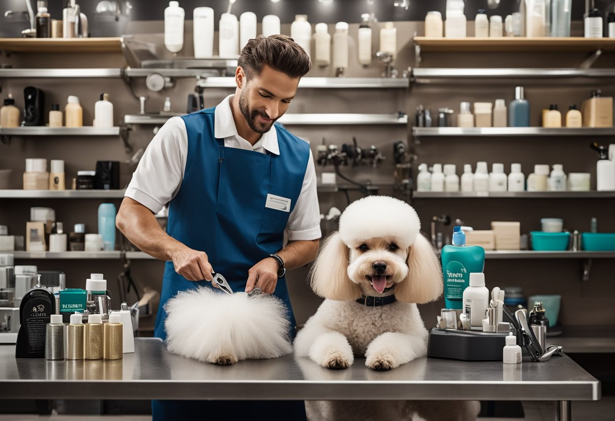 A dog groomer trimming a poodle's fur with a pair of scissors, surrounded by shelves of grooming products and a sign that reads "Frequently Asked Questions"