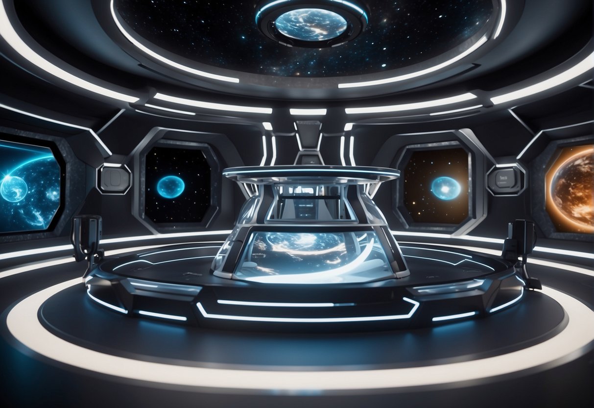 Augmented Reality and Virtual Reality Training for Space Tourists: A futuristic space training simulator with holographic displays and VR headsets. A virtual spacecraft hovers in the center, surrounded by interactive control panels and 3D models of celestial bodies