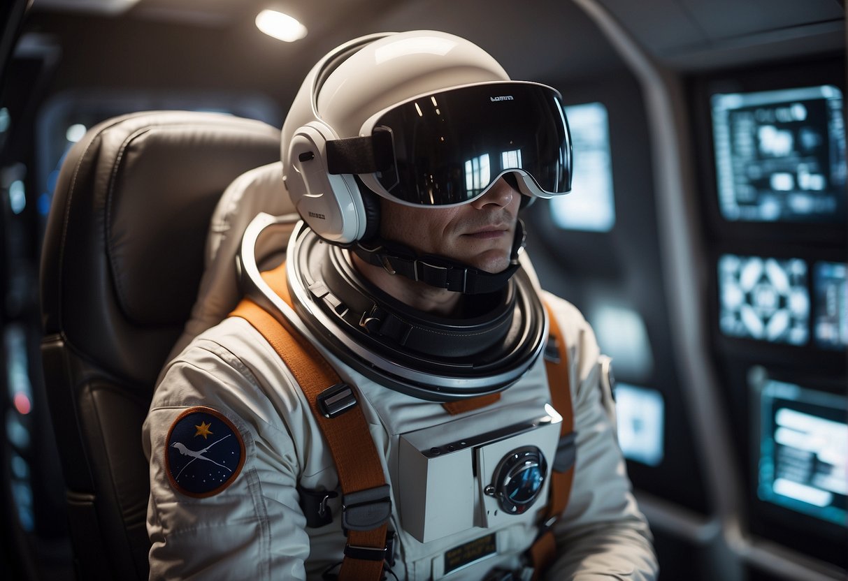 An astronaut wearing AR/VR headset in a spaceship, interacting with virtual environment for psychological and physical training