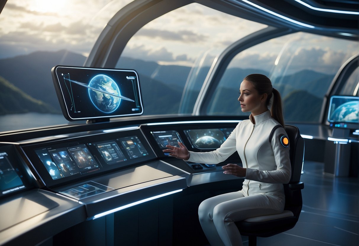 A futuristic space tourism training facility with AR/VR technology, simulating space environments and activities for tourists