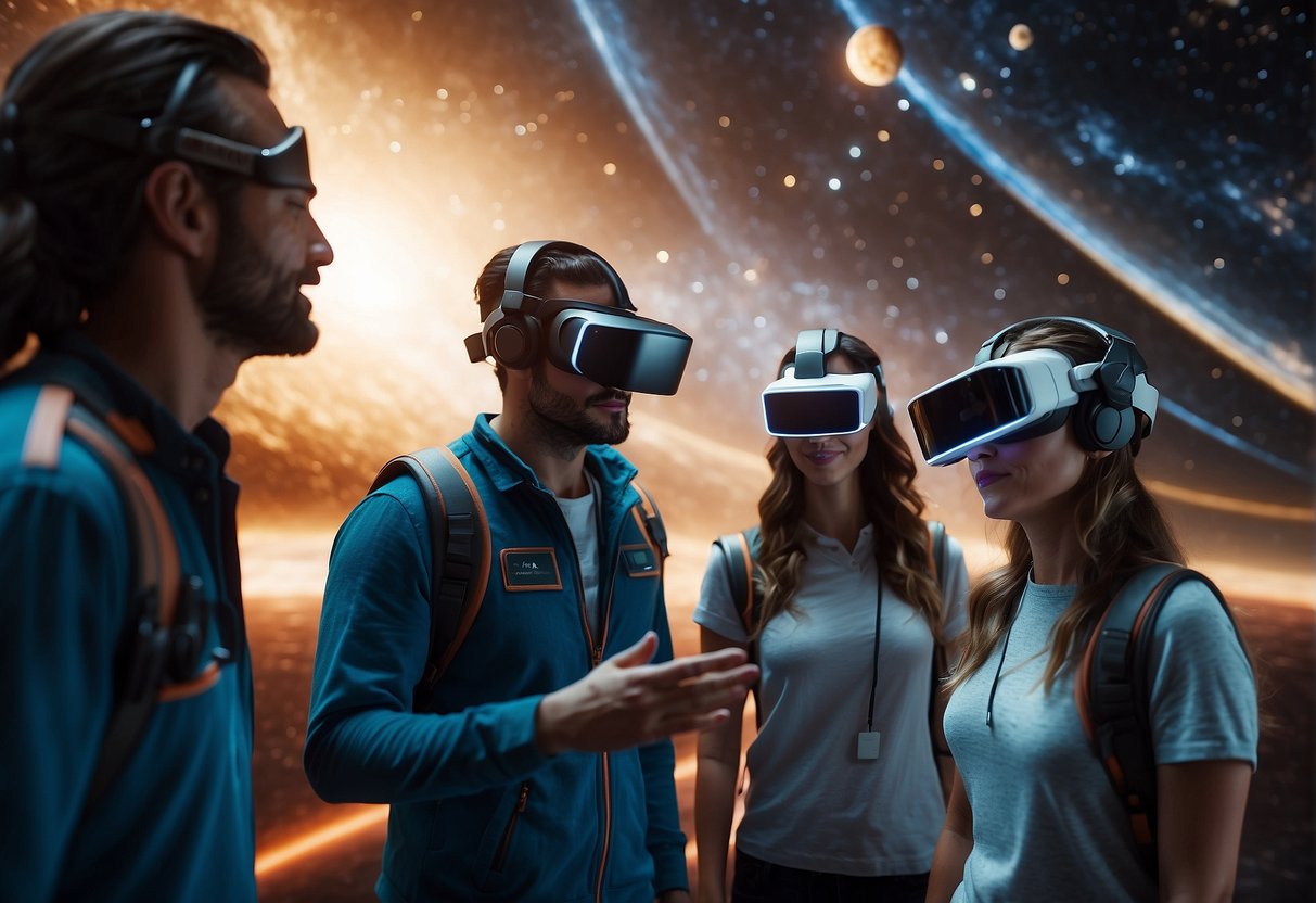 A group of space tourists wearing AR/VR headsets, interacting with holographic simulations of spacecraft and celestial bodies