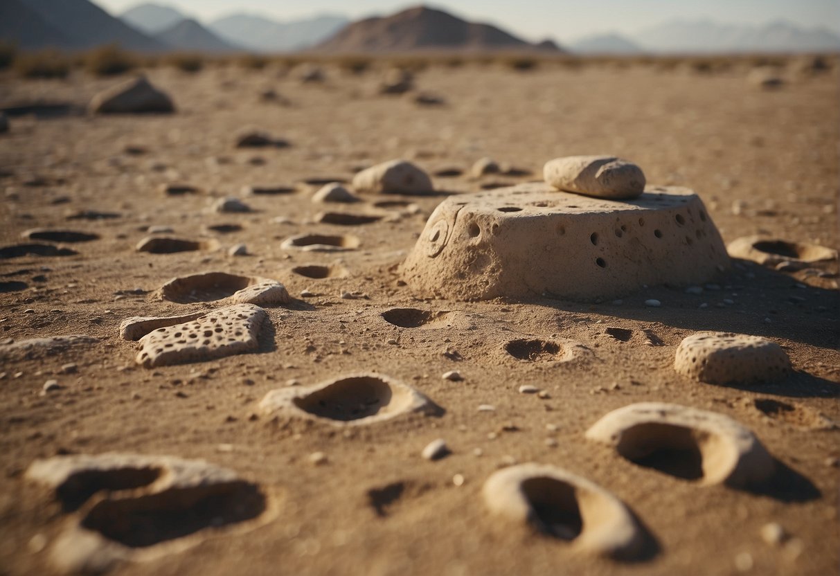 Ancient artifacts and footprints lay scattered across the barren landscape, hinting at the potential for space archaeology and heritage tours