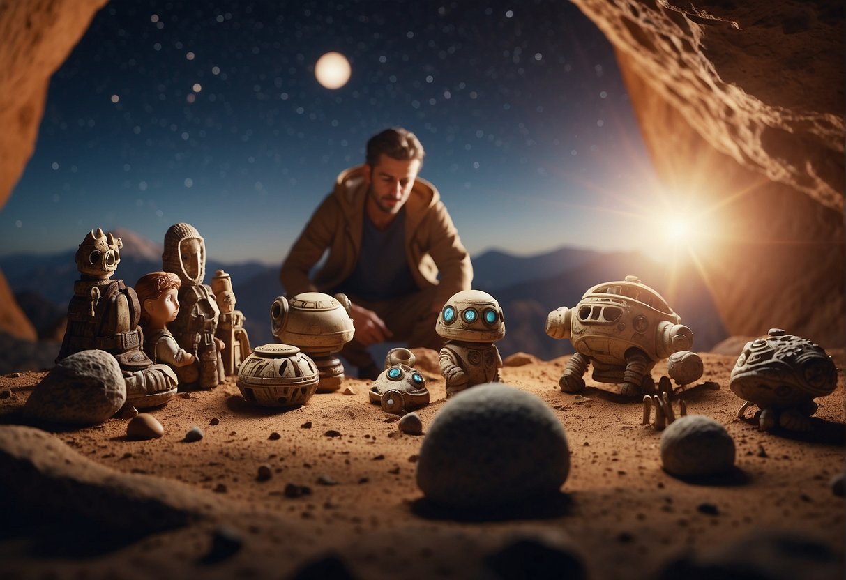 A space archaeologist examines ancient artifacts on a distant planet, while a group of tourists marvel at the unearthed relics