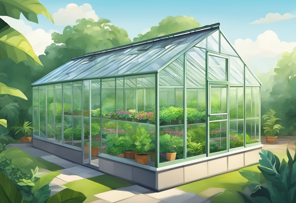 A greenhouse surrounded by lush greenery, with a variety of plants inside. The structure is sturdy, with ample ventilation and sunlight streaming in