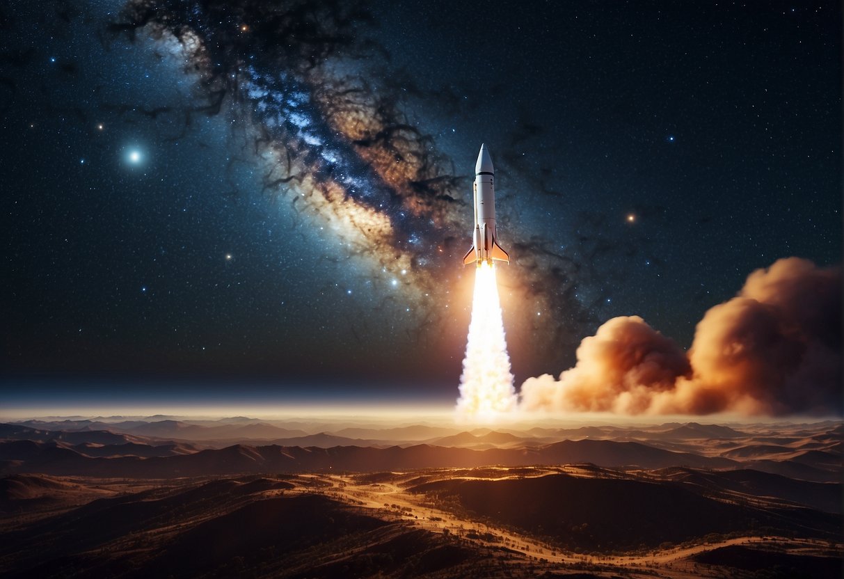 A rocket soars through the vast expanse of space, with stars and planets in the background, showcasing the excitement and adventure of space tourism