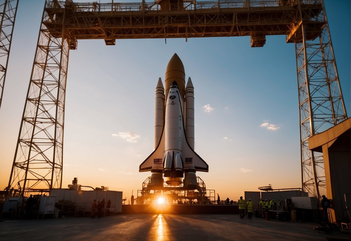 A rocket stands tall on a launch pad, surrounded by technicians and engineers conducting final checks before liftoff. The sun sets in the background, casting a warm glow over the scene