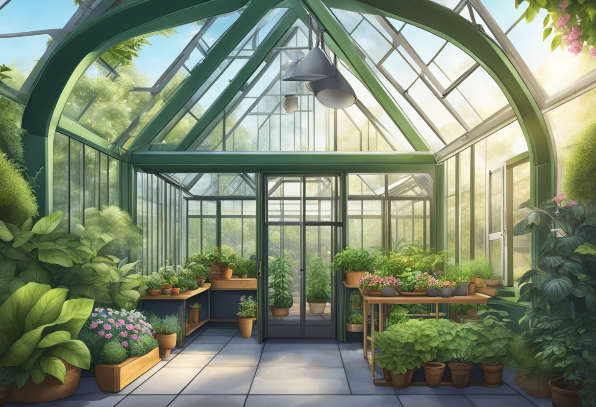 A greenhouse with various advanced features and customizations, such as automated climate control and customizable shelving, stands in a lush garden setting