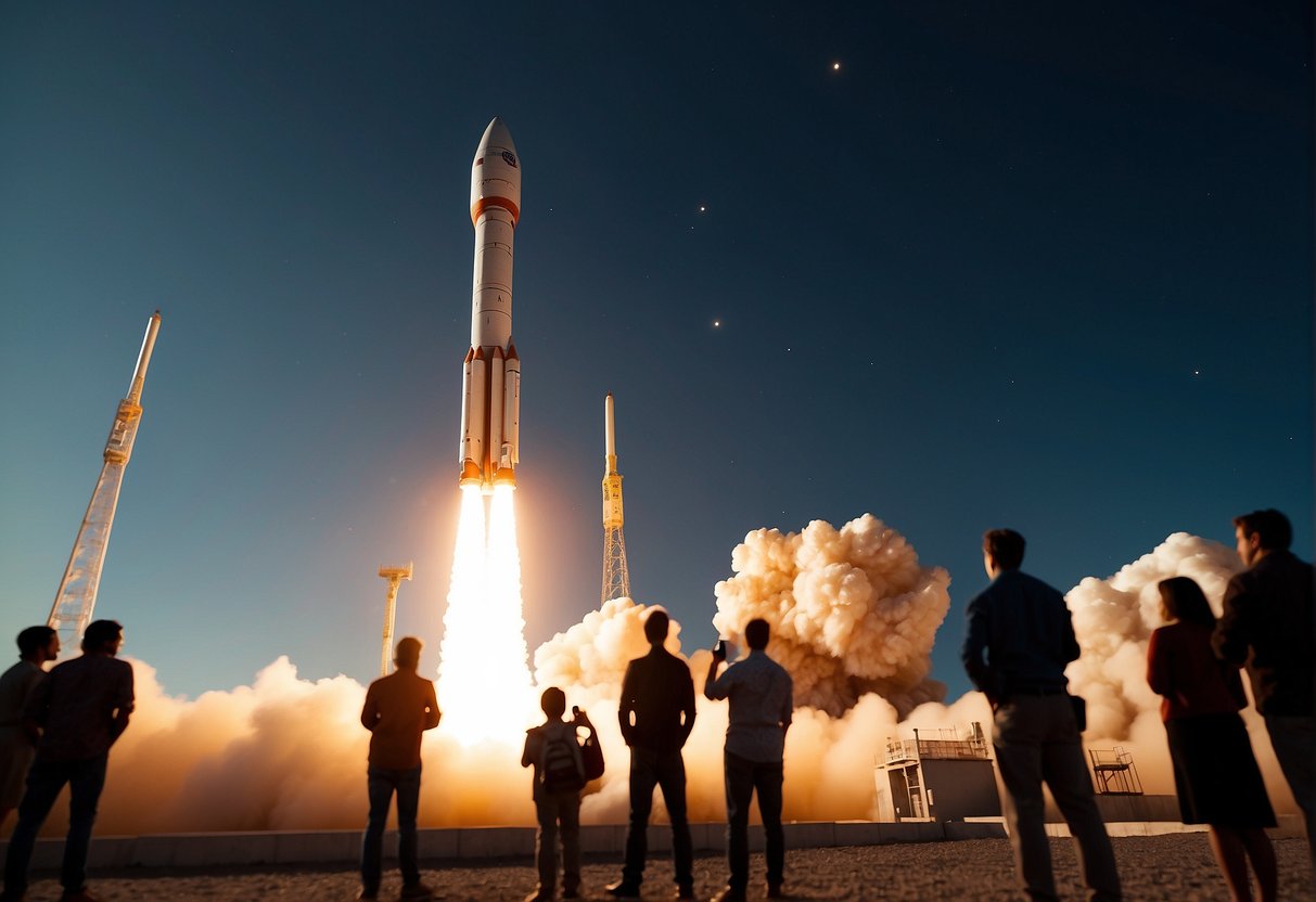 A rocket launches into space, carrying tourists on a thrilling adventure beyond Earth's atmosphere. The vastness of space and the beauty of the cosmos are on full display