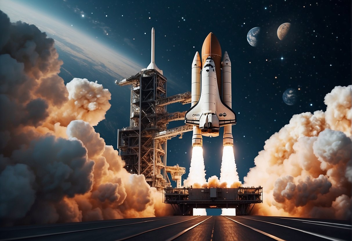 A sleek space shuttle launches from a futuristic spaceport, surrounded by a backdrop of stars and planets