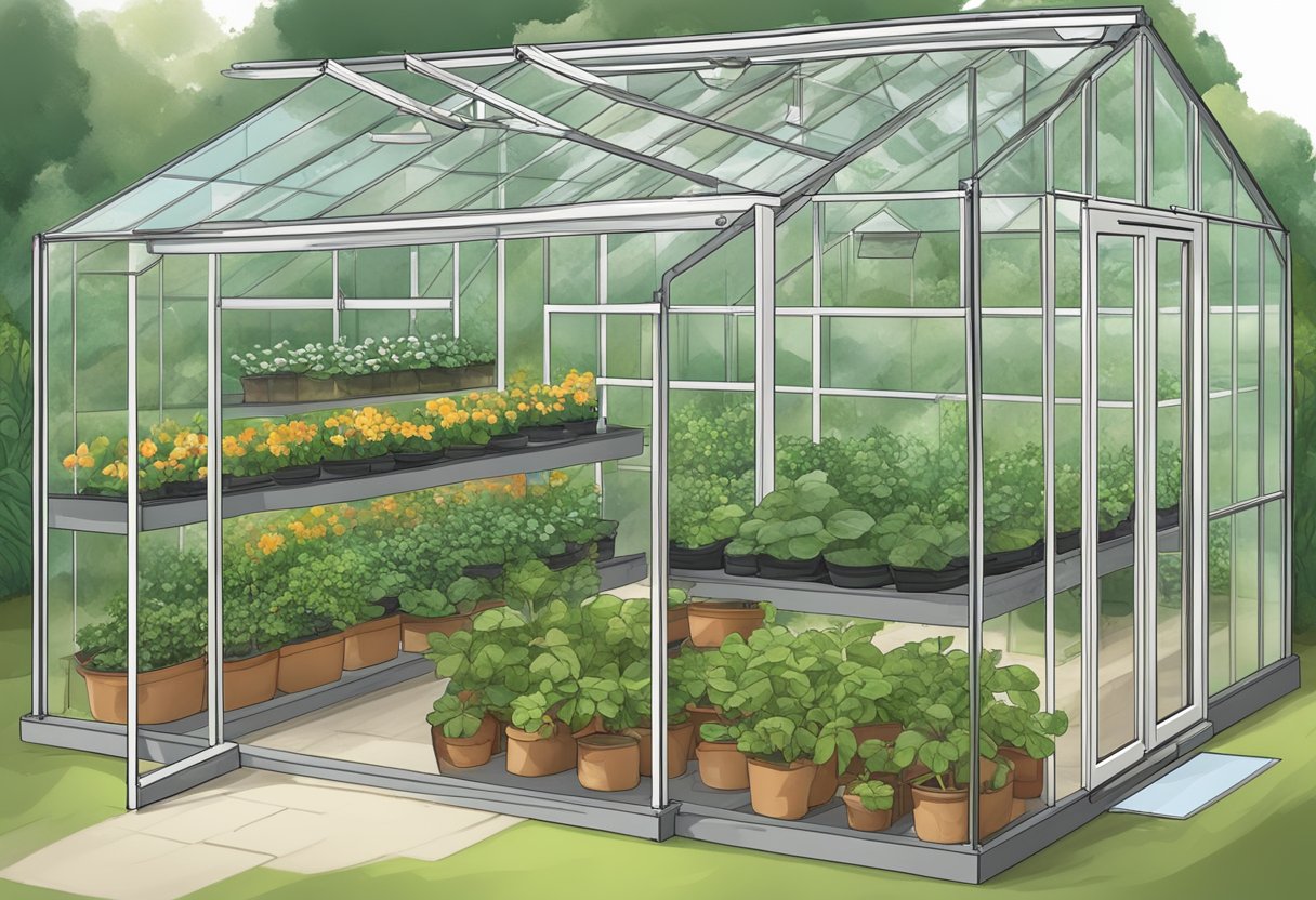 A greenhouse with various sizes and materials displayed, price tags visible. A scale comparing cost and value is shown